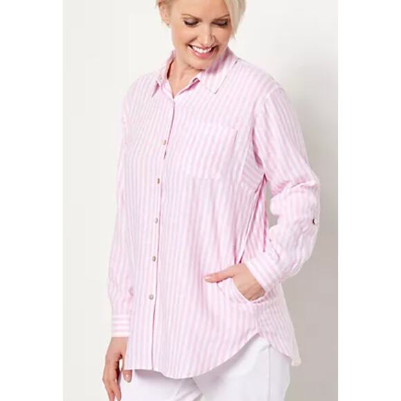 NEW Susan Graver Pure Cross-Dyed Linen Blend Tunic Shirt w/ Pockets Sz XS QVC - Picture 1 of 7
